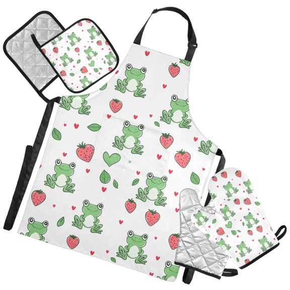 Ryvnso Frog Strawberry Kitchen Apron Oven Mitts Set Pot Holders
