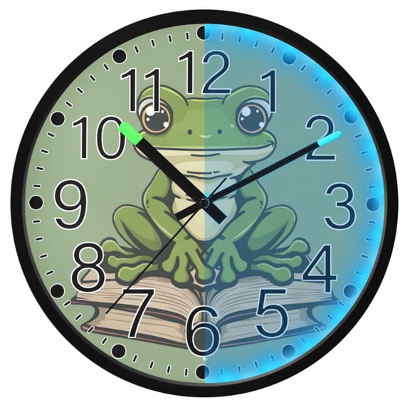 Ryvnso Frog on Book 12 Inch Night Light Wall Clock Silent Battery Operated Luminous Clocks