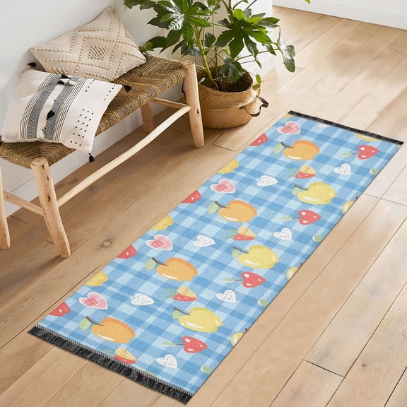 Ryvnso Fruit on Checkered Grid Bedroom Runner Rug 2'x6' Hallway Area Carpet Non Slip Entryway Mat with Tassels