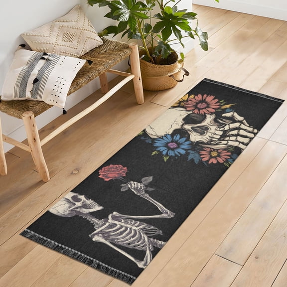 Ryvnso Funny Cool Skull Flower Bedroom Runner Rug 2'x6' Hallway Area Carpet Non Slip Entryway Mat with Tassels