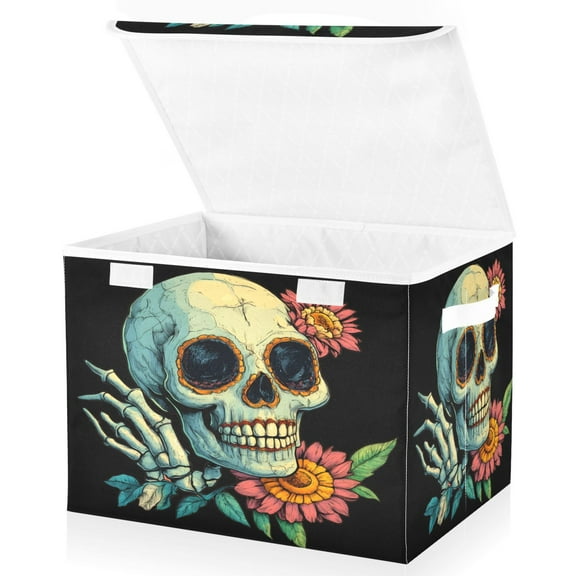 Ryvnso Funny Skeleton and Flowers Large Lidded Foldable Storage Baskets Cubes Boxes Lids Bin for Home
