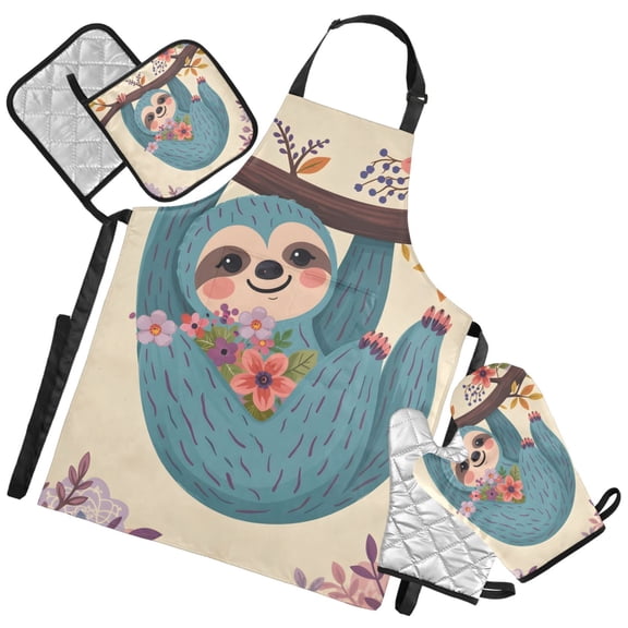 Ryvnso Funny Sloth Kitchen Apron Oven Mitts Set Pot Holders