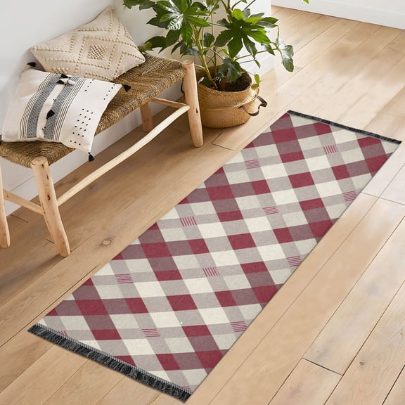 Ryvnso Geometric Checkered Grid Pattern Bedroom Runner Rug 2'x6' Hallway Area Carpet Non Slip Entryway Mat with Tassels