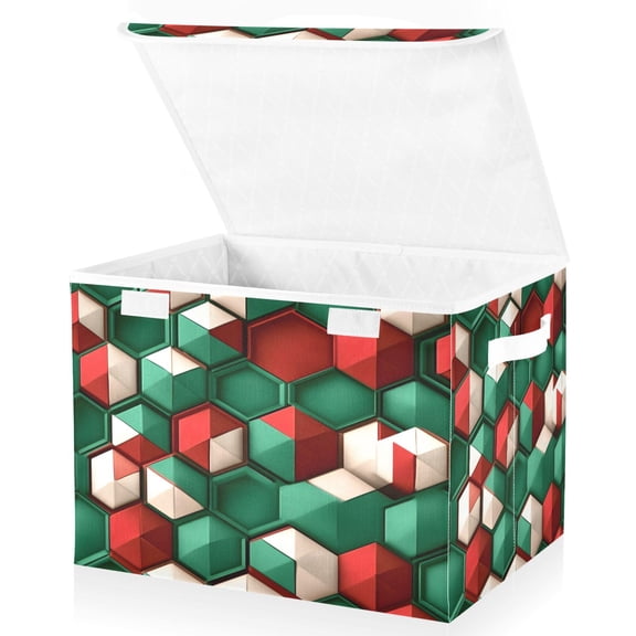 Ryvnso Geometric Green Pattern Large Lidded Foldable Storage Baskets Cubes Boxes Lids Bin for Home