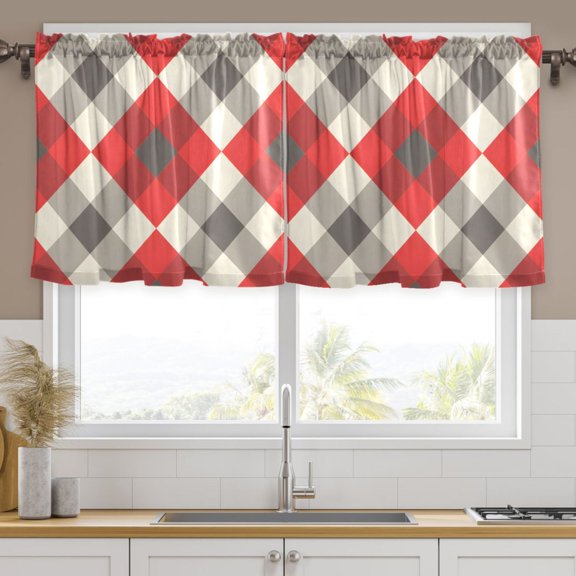 Ryvnso Geometry Checkered Grid Print Curtains Sets Short Curtain Rod Pocket Half Window Cafe Farmhouse Tier 2 Panels 57"W x 24"L