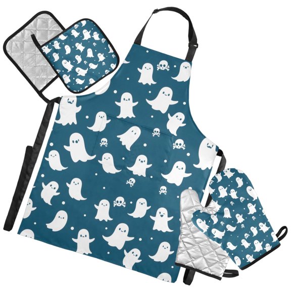 Ryvnso Ghosts Skull Kitchen Apron Oven Mitts Set Pot Holders