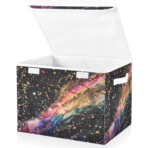 Ryvnso Glittering Galaxy with Golden Large Lidded Foldable Storage Baskets Cubes Boxes Lids Bin for Home