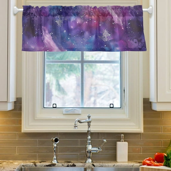 Ryvnso Glittering Purple Galaxy Window Valance Kitchen Farmhouse Rod Pocket Short Curtain 54x18 inch
