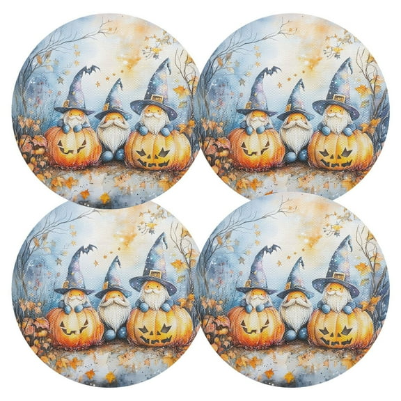 Ryvnso Gnomes Pumpkins Halloween Round Plate Mats Dining Table Placemat Set of 4 for Holiday Decoration