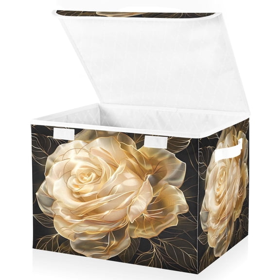 Ryvnso Gold Rose Flowers Large Lidded Foldable Storage Baskets Cubes Boxes Lids Bin for Home