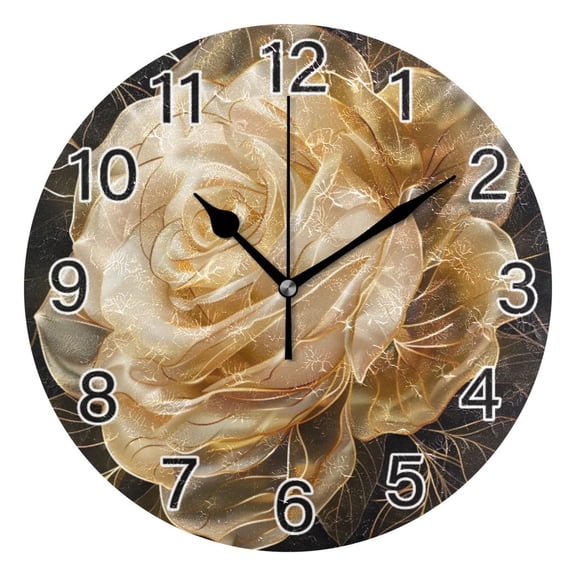 Ryvnso Gold Rose Flowers Wall Clock Non Ticking Silent Kitchen Clock Battery Operated Clocks 10 inch