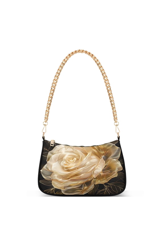 Gold Rose Flowers Womens Chain Shoulder Bag Tote Handbags Clutch Hobo Purse with Zipper for Travel