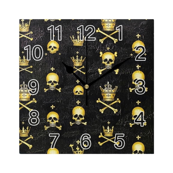 Ryvnso Gold Skull Wall Clock Square Silent Non-Ticking Battery Operated 7.78"