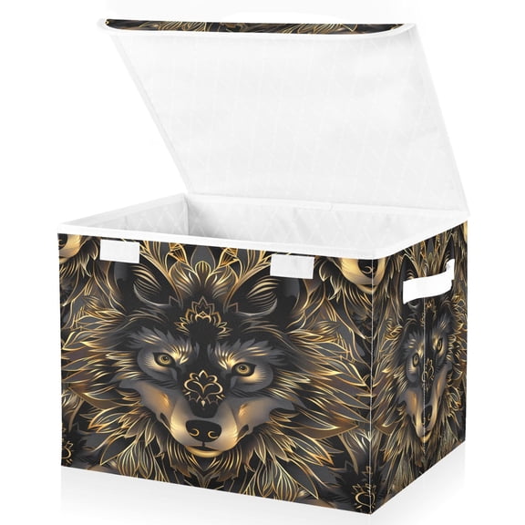 Ryvnso Golden Boho Wolf Large Lidded Foldable Storage Baskets Cubes Boxes Lids Bin for Home