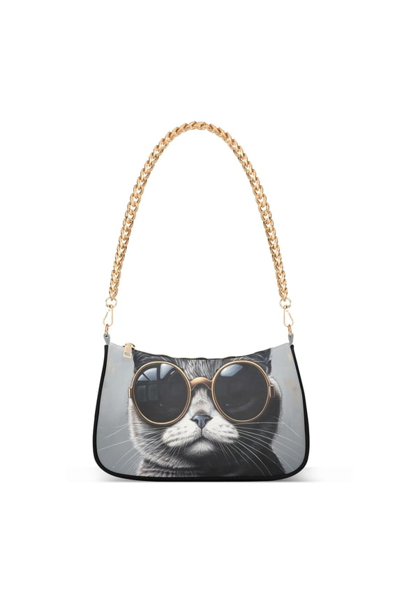 Gray Cat in Sunglasses Womens Chain Shoulder Bag Tote Handbags Clutch Hobo Purse with Zipper for Travel