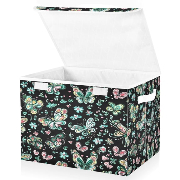 Ryvnso Green Butterfly Pattern Large Lidded Foldable Storage Baskets Cubes Boxes Lids Bin for Home