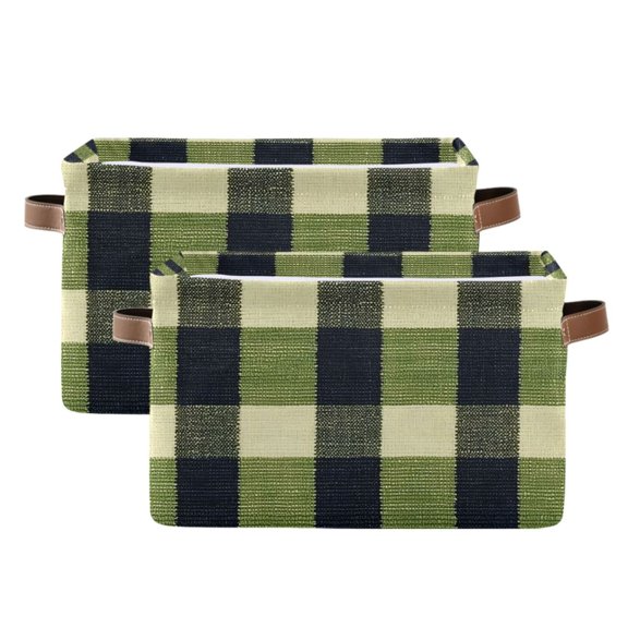 Ryvnso Green Checkered Storage Basket Large Bin Foldable Boxes Toys Organizer 14.2x10.2x8.3in 2 PCs