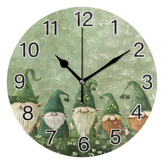 Ryvnso Green Gnomes Clover Leaves Wall Clock Non Ticking Silent Kitchen Clock Battery Operated Clocks 10 inch