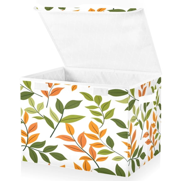 Ryvnso Green Leaves Summer Large Lidded Foldable Storage Baskets Cubes Boxes Lids Bin for Home
