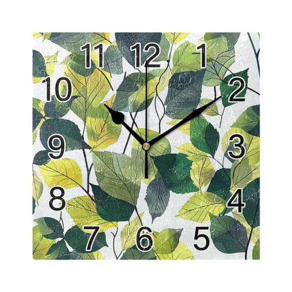 Ryvnso Green Leaves Summer Wall Clock Square Silent Non-Ticking Battery Operated 7.78"