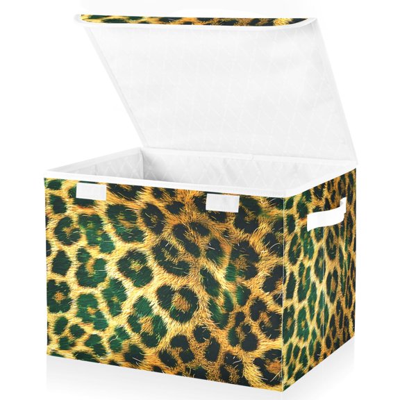 Ryvnso Green Leopard Print Large Lidded Foldable Storage Baskets Cubes Boxes Lids Bin for Home