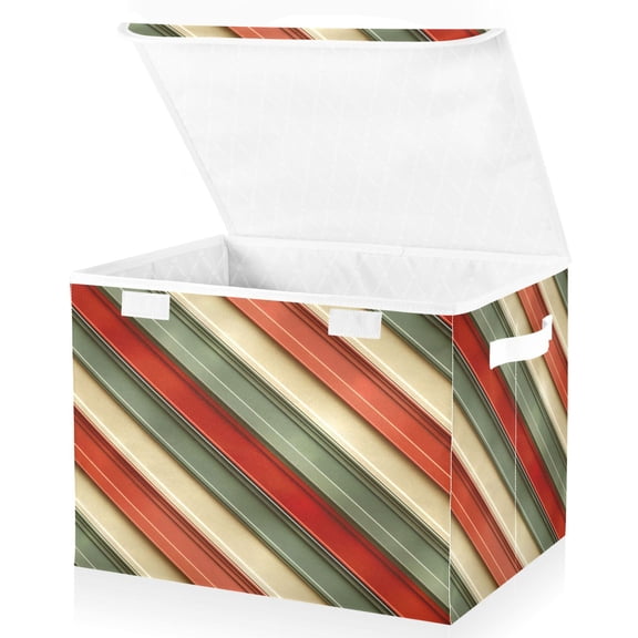 Ryvnso Green Red Stripes Large Lidded Foldable Storage Baskets Cubes Boxes Lids Bin for Home