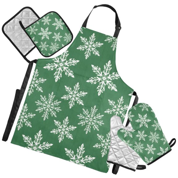 Ryvnso Green Snowflakes Kitchen Apron Oven Mitts Set Pot Holders