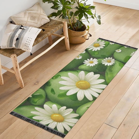 Ryvnso Green Stones and Daisy Flowers Bedroom Runner Rug 2'x6' Hallway Area Carpet Non Slip Entryway Mat with Tassels