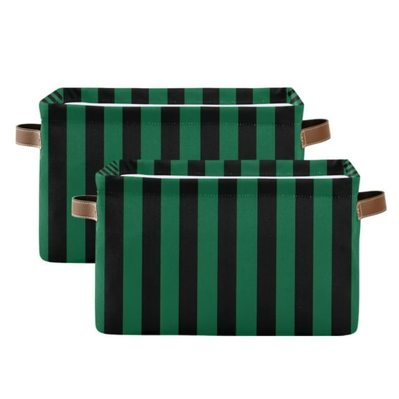 Ryvnso Green and Black Stripes Storage Basket Large Bin Foldable Boxes Toys Organizer 14.2x10.2x8.3in 2 PCs