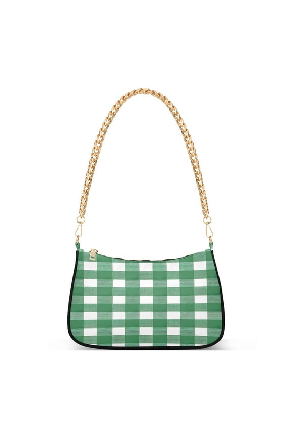 Green and White Checkered Pattern Womens Chain Shoulder Bag Tote Handbags Clutch Hobo Purse with Zipper for Travel