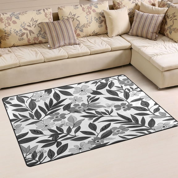 Ryvnso Grey and White Flowers Leaves Area Floor Mat Non-Slip Carpet Soft Rugs Doormats 31" x 20"