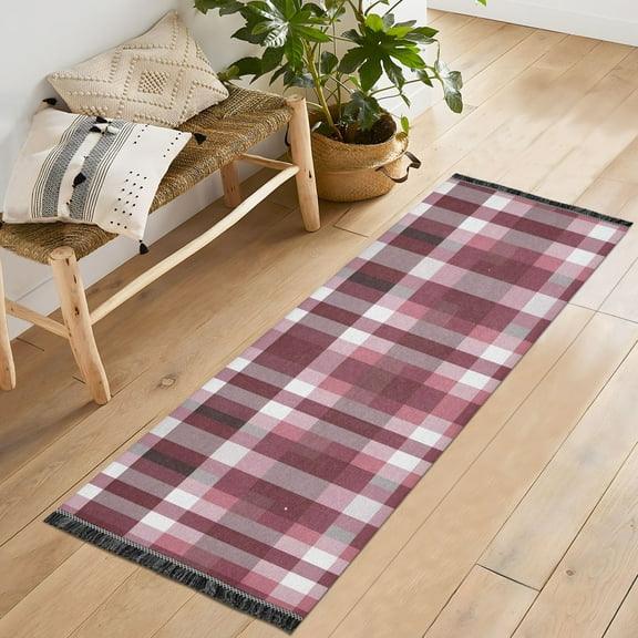 Ryvnso Grid Checkered Pattern Bedroom Runner Rug 2'x6' Hallway Area Carpet Non Slip Entryway Mat with Tassels