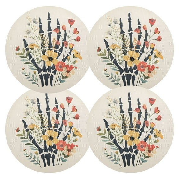Ryvnso Halloween Skull Flowers Round Plate Mats Dining Table Placemat Set of 4 for Holiday Decoration
