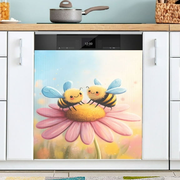 Ryvnso Hand Draw Cute Bees Flower Dishwasher Magnetic Refrigerator Magnet Cover Kitchen Home Decorative 23"x26"