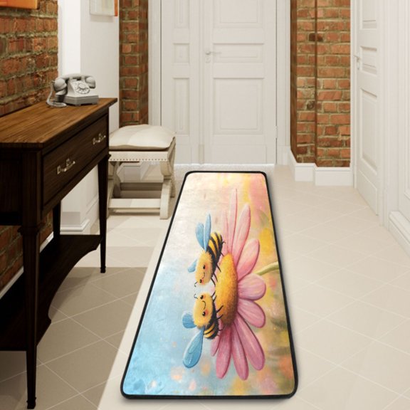 Ryvnso Hand Draw Cute Bees Flower Hallway Runner Rugs Floor Carpet Non Slip Entryway Mat 2' x 6'
