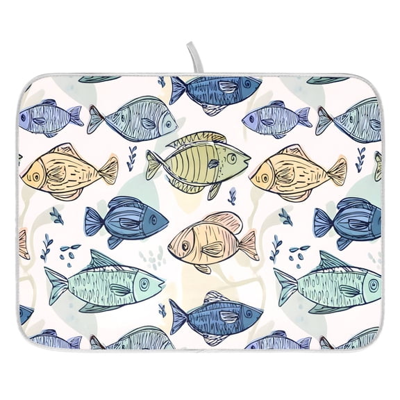 Ryvnso Hand Draw Fishes Dish Drying Mat for Kitchen Countertop 16x18 Small Dish Pad Drainer Rack Dish Sink Mats
