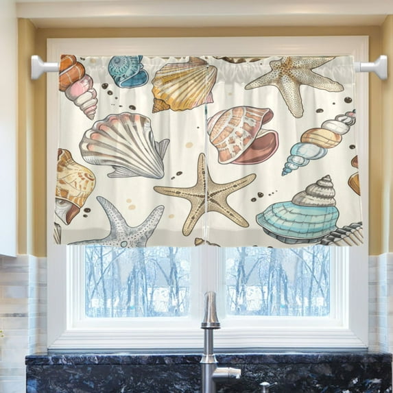 Ryvnso Hand Drawn Seashells Beach Stars Half Curtains Sets Tier 2 Panels Short Curtain Rod Pocket 27"W x 24"L