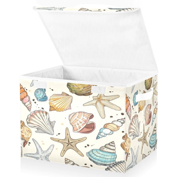 Ryvnso Hand Drawn Seashells Beach Stars Large Lidded Foldable Storage Baskets Cubes Boxes Lids Bin for Home