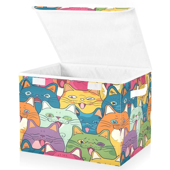 Ryvnso Happy Cat Faces Large Lidded Foldable Storage Baskets Cubes Boxes Lids Bin for Home