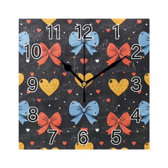 Ryvnso Hearts Bows Wall Clock Square Silent Non-Ticking Battery Operated 7.78"