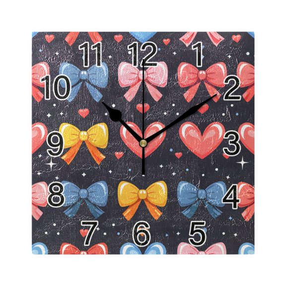 Ryvnso Hearts and Bows Wall Clock Square Silent Non-Ticking Battery Operated 7.78"