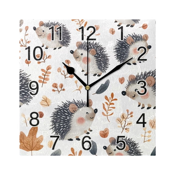 Ryvnso Hedgehog Autumn Leave Wall Clock Square Silent Non-Ticking Battery Operated 7.78"