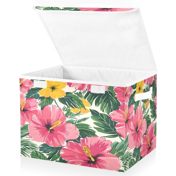 Ryvnso Hibiscus Flower Leaf Large Lidded Foldable Storage Baskets Cubes Boxes Lids Bin for Home
