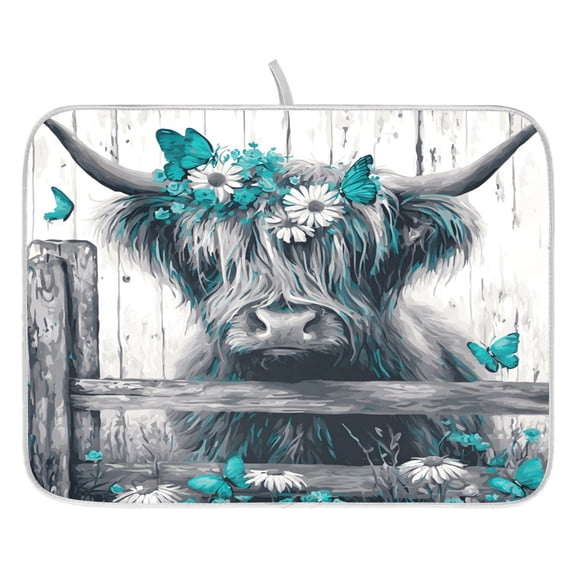 Ryvnso Highland Cattle Butterflies Dish Drying Mat for Kitchen Countertop 16x18 Small Dish Pad Drainer Rack Dish Sink Mats