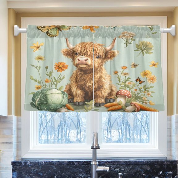 Ryvnso Highland Cattle Butterfly Half Curtains Sets Tier 2 Panels Short Curtain Rod Pocket 27"W x 24"L