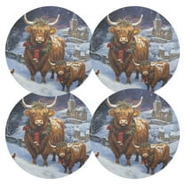Ryvnso Highland Cattle Christmas Round Plate Mats Dining Table Placemat Set of 4 for Holiday Decoration