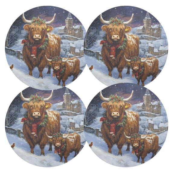Ryvnso Highland Cattle Christmas Round Plate Mats Dining Table Placemat Set of 4 for Holiday Decoration