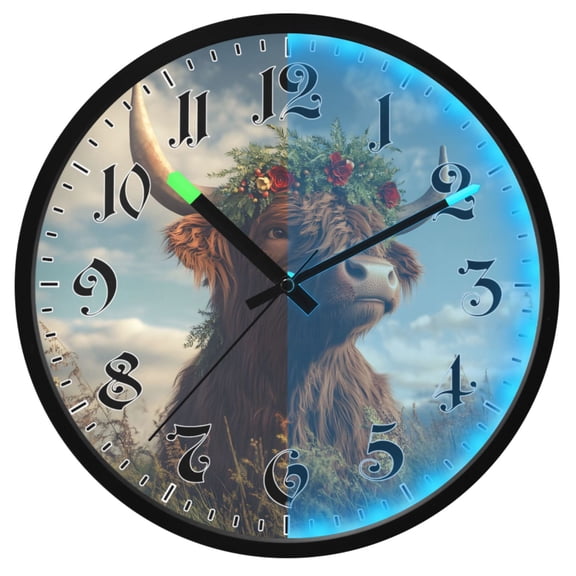 Ryvnso Highland Cattle Field 12 Inch Night Light Wall Clock Luminous Silent Battery Operate Clocks