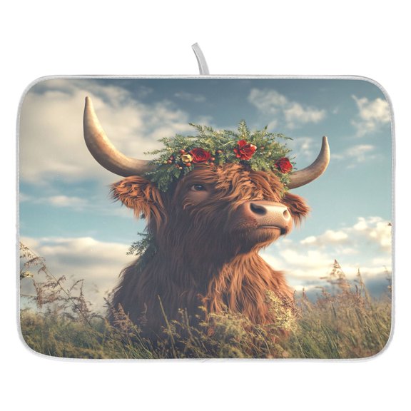 Ryvnso Highland Cattle Field Dish Drying Mat for Kitchen Countertop 16x18 Small Dish Pad Drainer Rack Dish Sink Mats