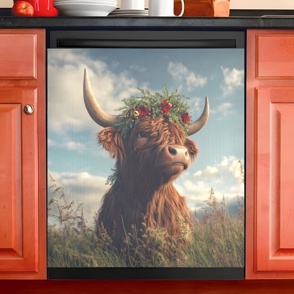 Ryvnso Highland Cattle Field Dishwasher Magnetic Refrigerator Magnet Cover Kitchen Home Decorative 23"x26"